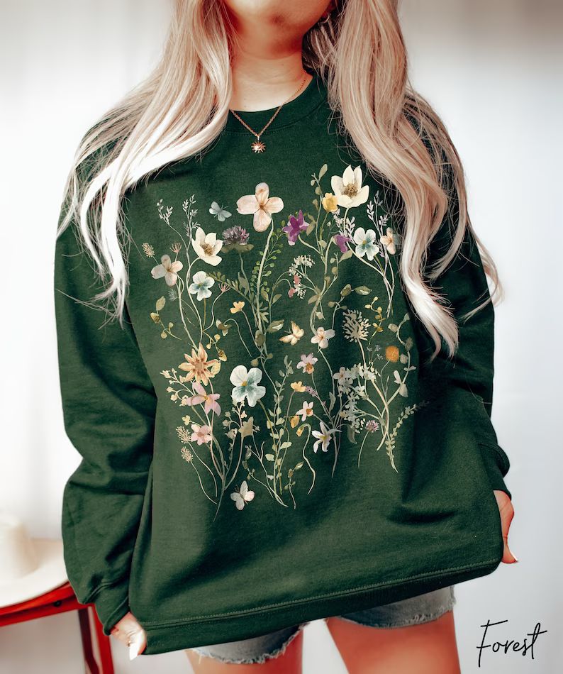 Vintage Pressed Flowers Sweatshirt, Boho Cottagecore Crewneck, Pastel Botanical Floral Pullover, ... | Etsy (US)