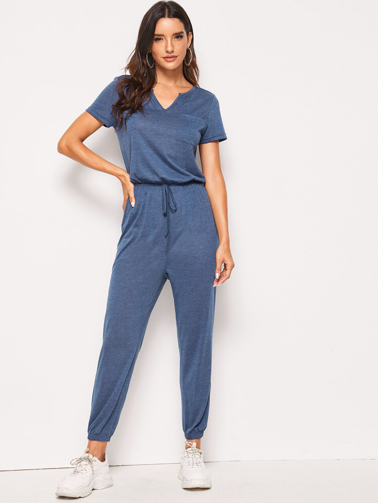 SHEIN Pocket Patched Tie Waist Jumpsuit | SHEIN