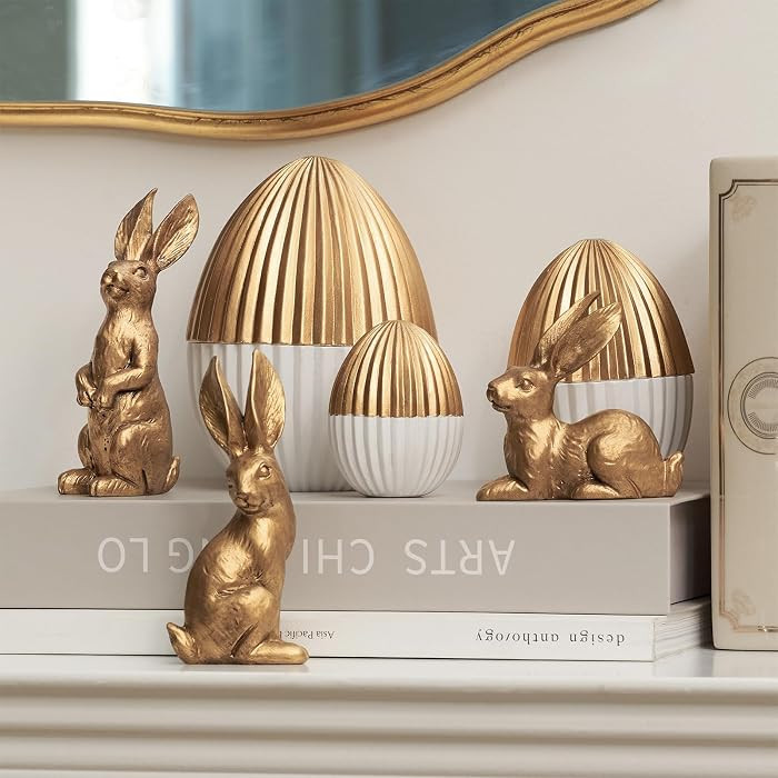 DN DECONATION 6PCS Easter Decorations with 3 Rabbits and 3 Gold Easter Eggs, Small Easter Bunny F... | Amazon (US)