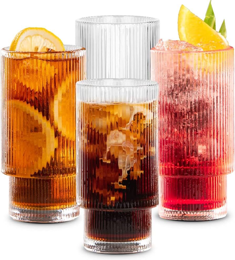 Combler Ribbed Drinking Glasses, Ribbed Glass Cups 11oz Set of 4, Ribbed Glassware for Water Whis... | Amazon (US)