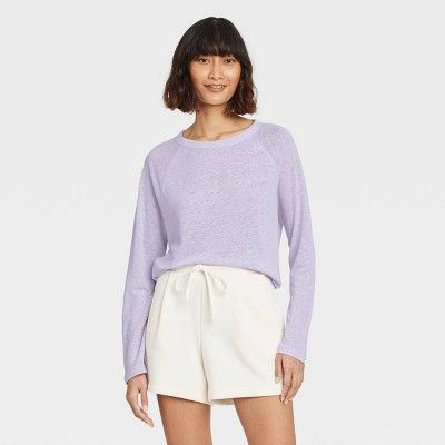 Women&#39;s Long Sleeve Linen T-Shirt - A New Day&#8482; Purple L | Target