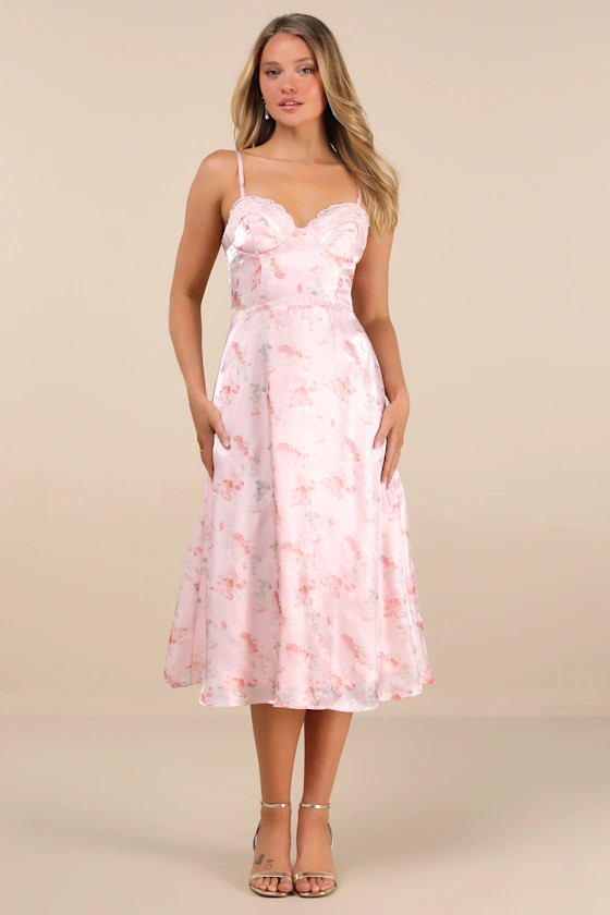 Selini Blush Pink Floral Satin Bustier Backless Midi Dress | Lulus
