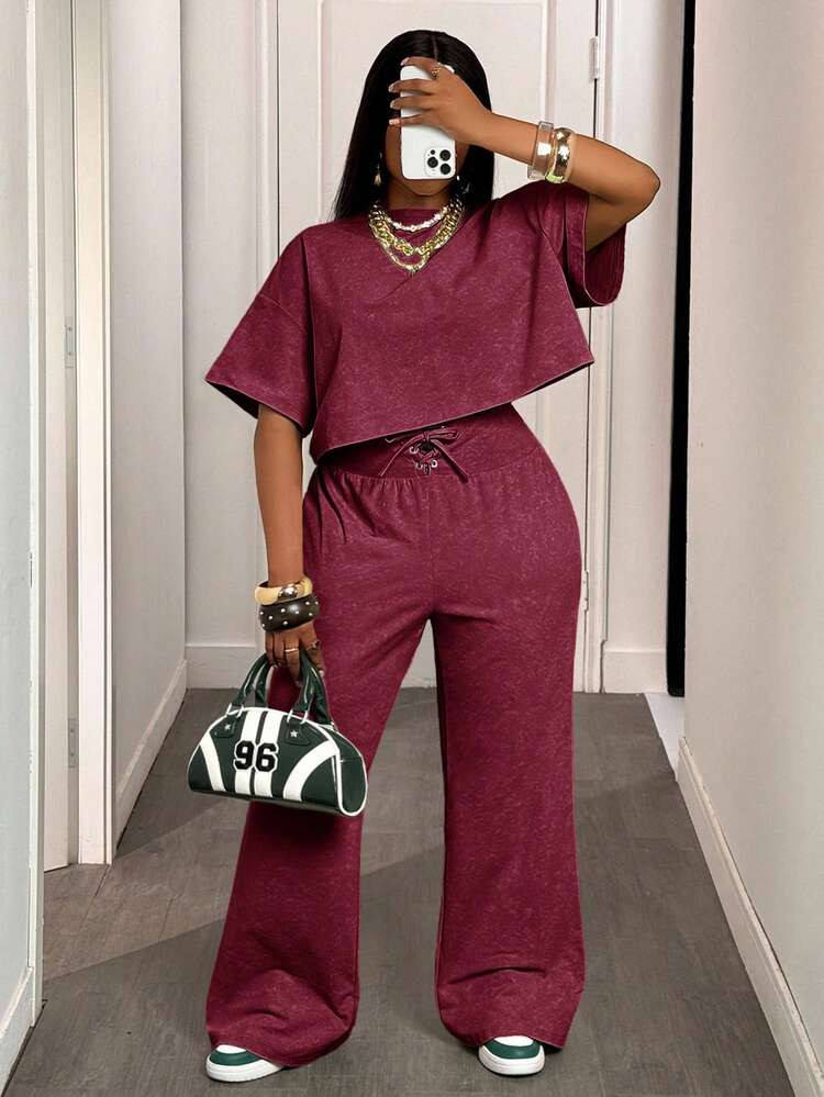 Slaydiva 2025 Summer And Autumn New Casual Street Light Green Loose Round Neck Short Sleeve Cropped T-Shirt + Tie Waist Wide Leg Trousers Women Two Pieces Set, Suitable For Daily Travel, Back To School, Graduat | SHEIN