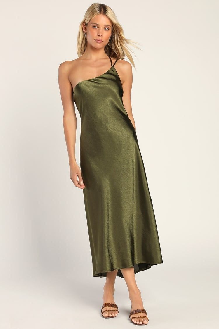 Olive Green Satin One-Shoulder Midi Dress | Fall Dresses 2022 Fall Outfits 2022 Fall Frends | Lulus (US)