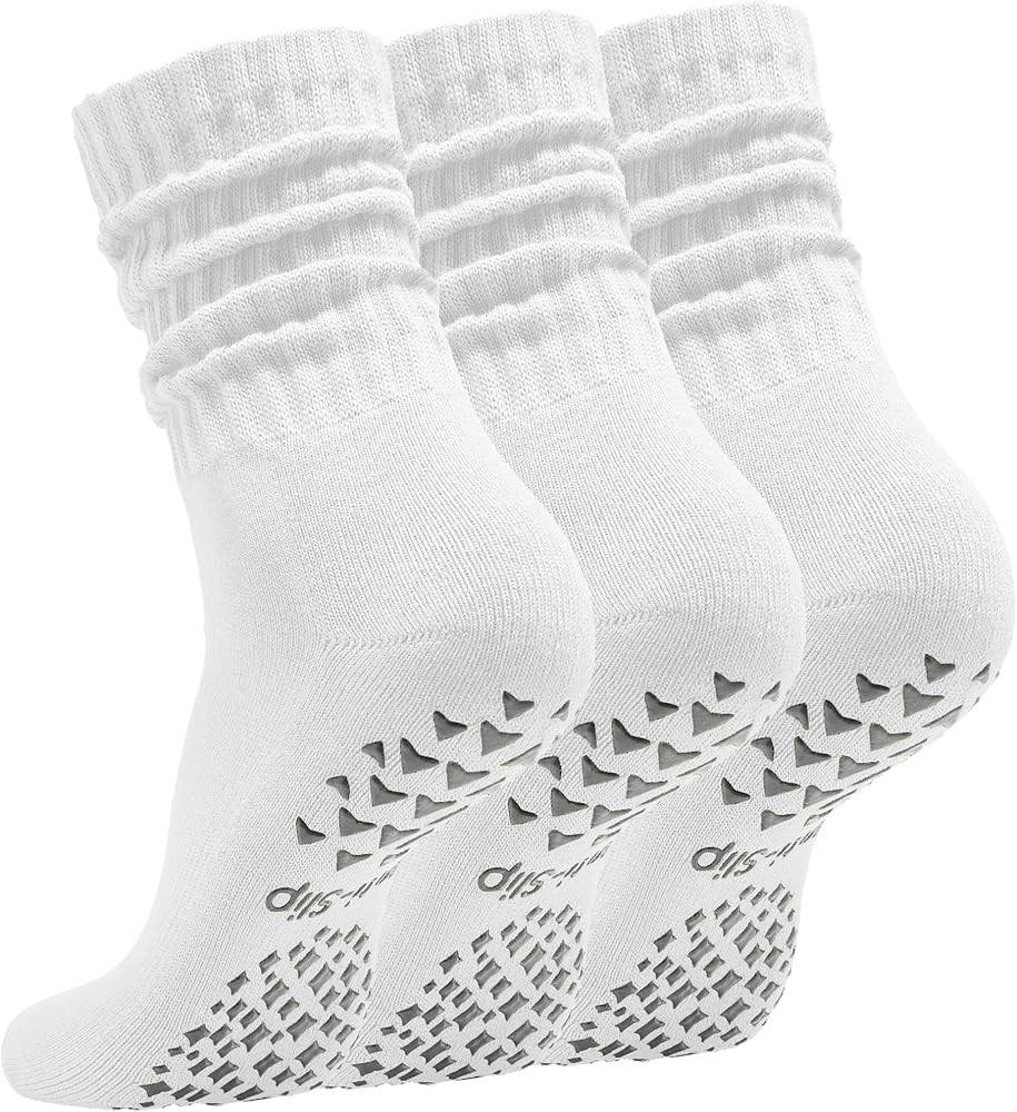 Women\u2019s Pilates Socks with Grips \u2013 3 Pairs Scrunch Crew Non-Slip Yoga Barre Workout Hos... | Amazon (US)