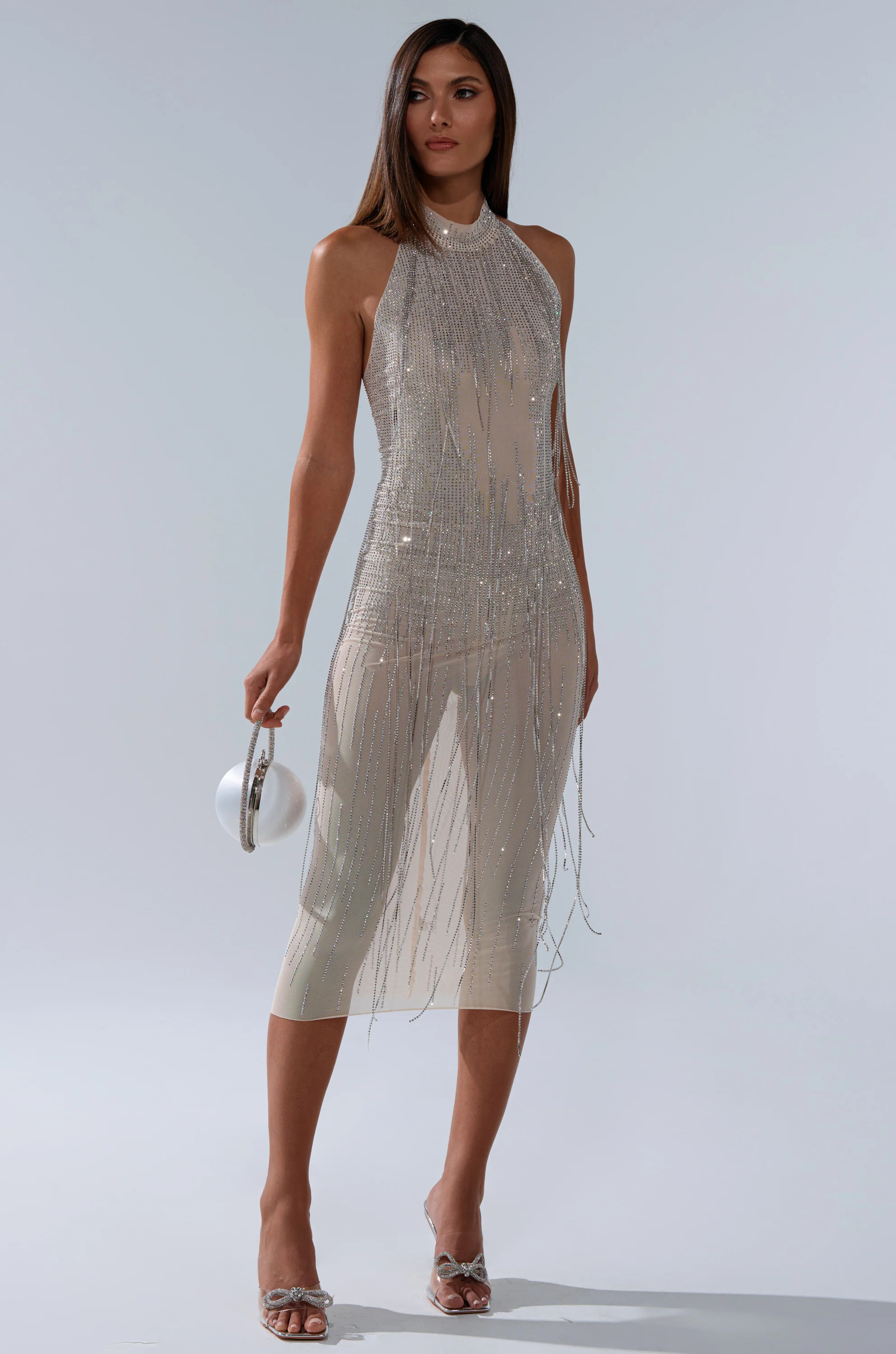 KEKE MIDI DRESS WITH RHINESTONE FRINGE | AKIRA