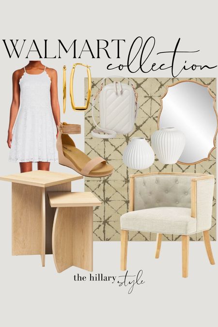 Walmart Collection: Neutral, light & bright finds for the home and fashion from Walmart. Accent chair, oak nesting tables, neutral area rug, gold mirror, white fluted vase set, white dress, neutral wedges, gold hoop earrings, crossbody bag. Modern home decor, neutral home decor, summer home refresh, summer dress, summer outfit, Walmart Home, Walmart Fashion, Walmart Finds

#LTKSeasonal #LTKFind #LTKhome