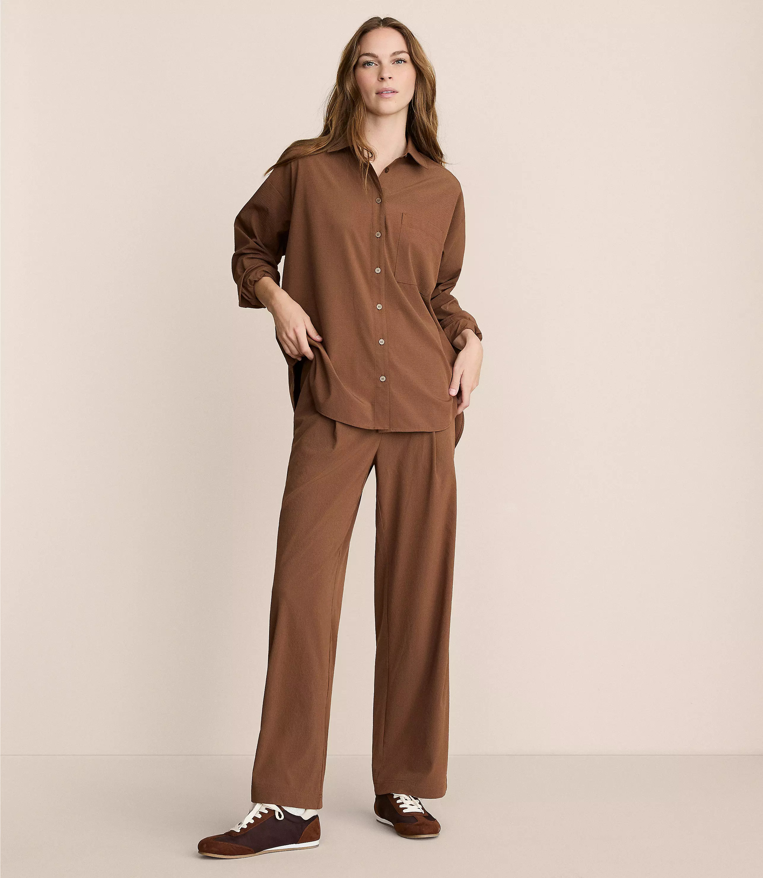Lou & Grey Seersucker Wanderweave Wide Leg Trouser Pants | LOFT