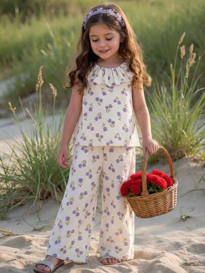 Emery Rose Kids Emery Rose Kids Summer Young Girl Fresh Tulip Print Set, Sleeveless Ruffle Collar... | SHEIN