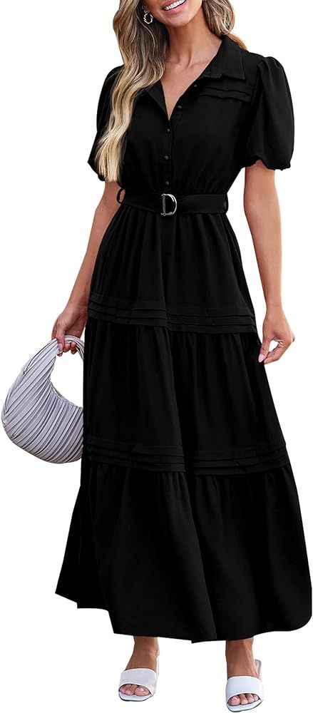 PRETTYGARDEN Women's Summer Maxi Dress Puff Short Sleeve Lapel V Neck Tiered A Line Flowy Elegant... | Amazon (US)