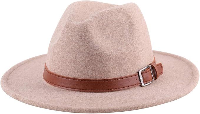 Lanzom Women Lady Felt Fedora Hat Wide Brim Wool Panama Hats with Band | Amazon (US)