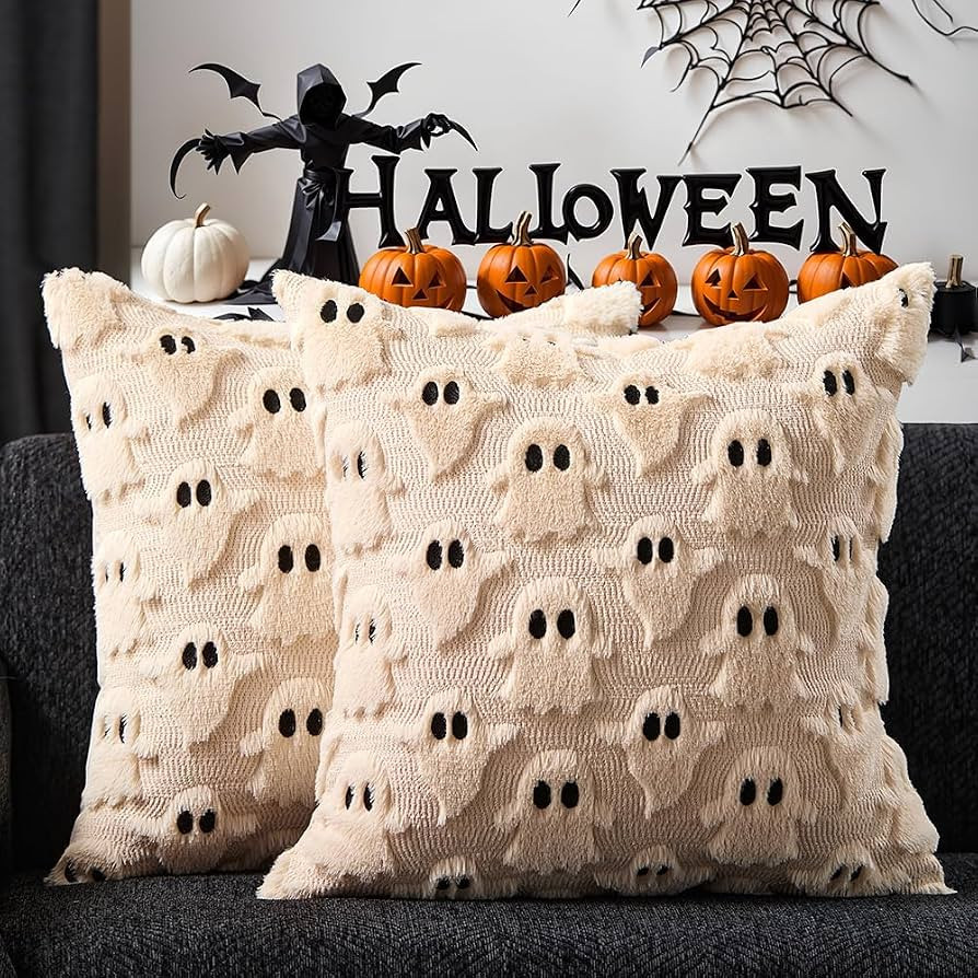DFXSZ Halloween Pillow Covers 18x18 inch 2Pcs Beige Ghost Halloween Decor | Amazon (US)