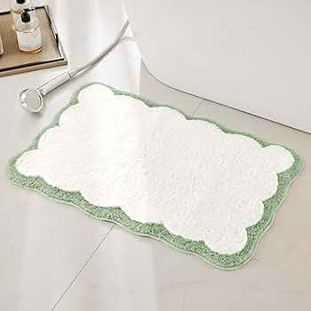 Luxury Microfiber Bathroom Rugs, White Bath Rug with Sage Green Scalloped Piping Cute Aesthetic S... | Amazon (US)