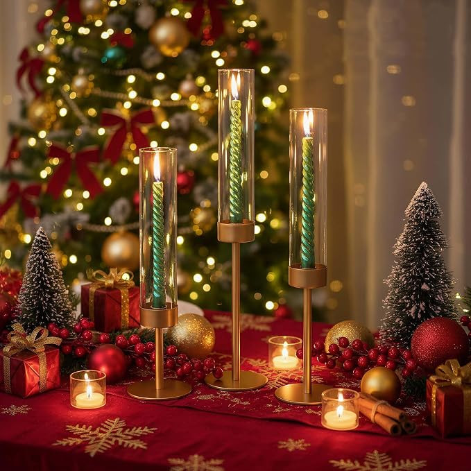Tall Candle Holders Set of 3, Hurricane Glass Taper Candlestick Holders for Wedding, Christmas De... | Amazon (US)