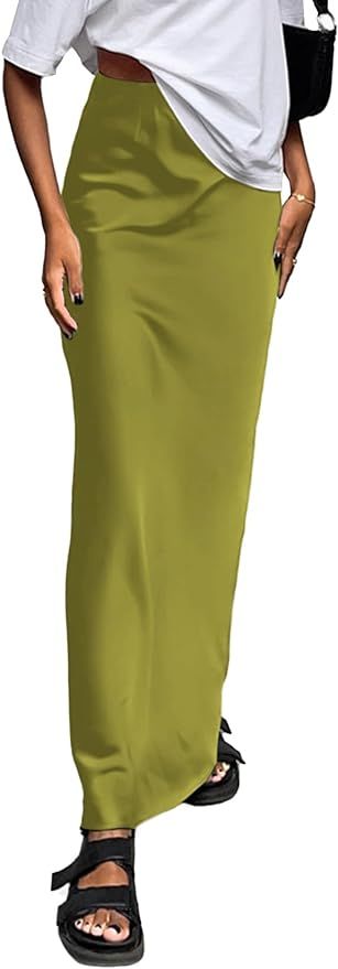Vrtige Women's Elegant Satin Silky High Waist Zipper Flowy A Line Maxi Long Skirt | Amazon (US)
