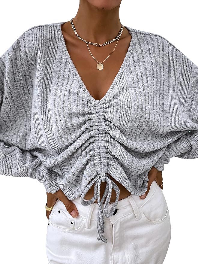 SheIn Women's Ruched Batwing Long Sleeve Crop Top Tee Drawstring V Neck T Shirt | Amazon (US)