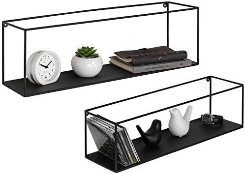 MyGift Black Metal Framed Wall-Mounted Rectangular Display Shelves, Set of 2 | Amazon (US)