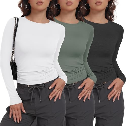 MLYENX 3 Pack Womens Long Sleeve Shirts Crew Neck Basic Stretchy Fitted Y2K Tops Going Out Fashion Clothes | Amazon (US)