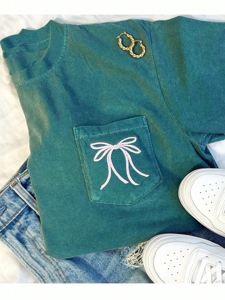 Cute Bow Pocket T-Shirt | Stylish Bow T-Shirt | Fashion Bow T-Shirt | Gift For Her | Embroidered T-Shirt | Bow Blouse | Women T-Shirt | SHEIN