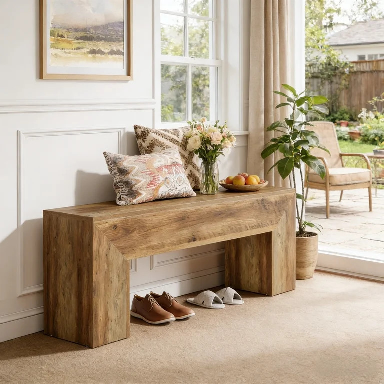 Fnova 47" Wooden Entryway Bench, Farmhouse Wooden Shoe Bench, Indoor End of Bed Stool for 1-2, Lo... | Walmart (US)