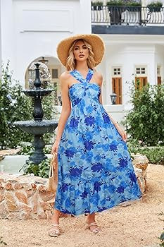 GRACE KARIN 2024 Women's Criss Cross Halterneck Sleeveless Summer Floral Print Flowy A Line Maxi ... | Amazon (US)