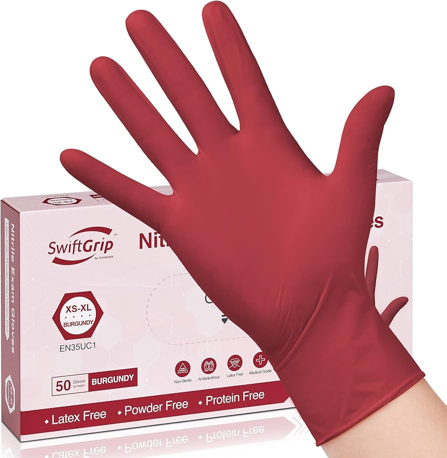 Disposable Nitrile Exam Gloves, Medium, Box of 50, Burgundy, Latex-Free, Powder-Free, 3mil, Medic... | Amazon (US)