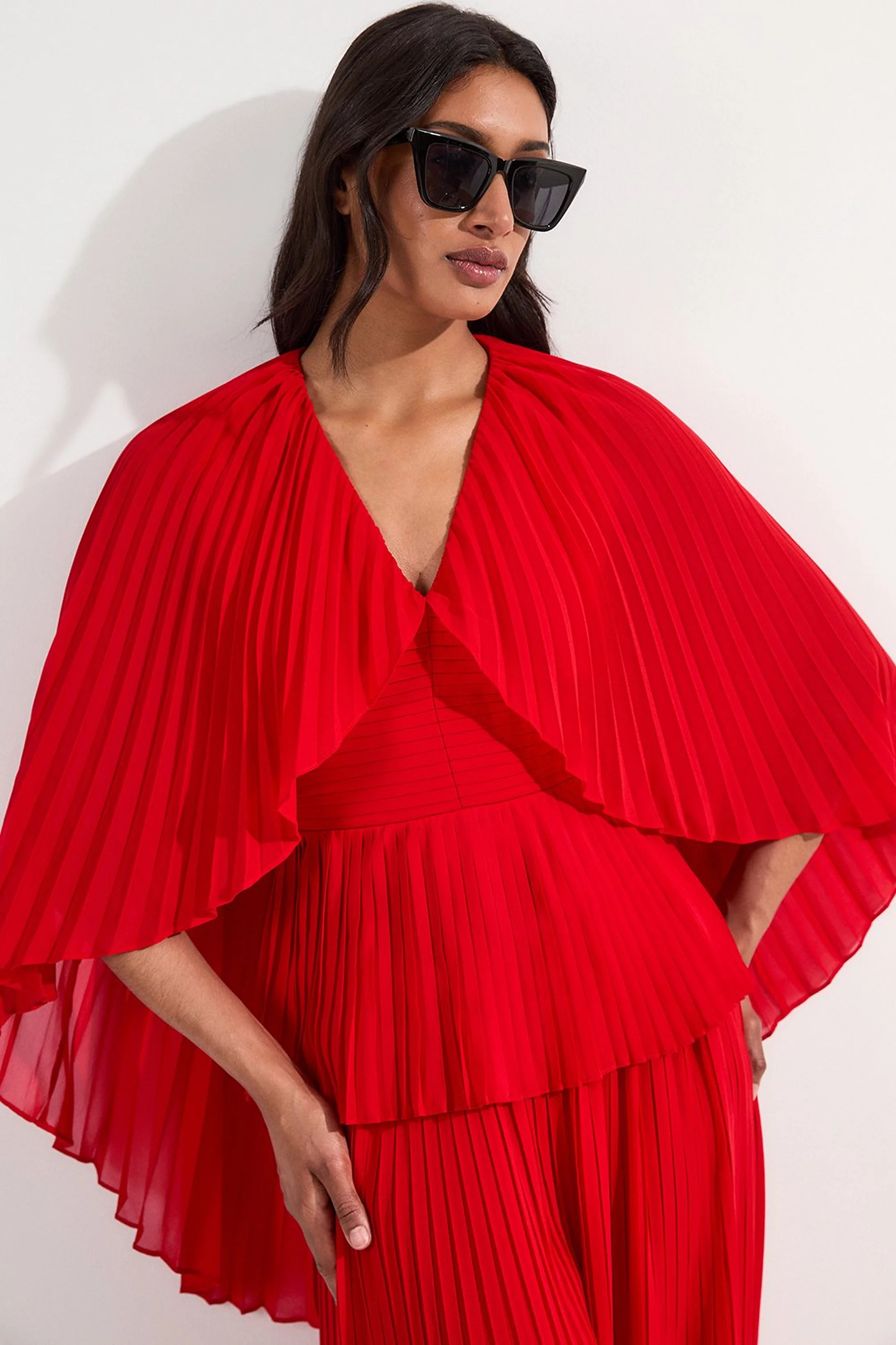 Pleated Cape Sleeve Plunge Neck Woven Top | Karen Millen UK + IE + DE + NL