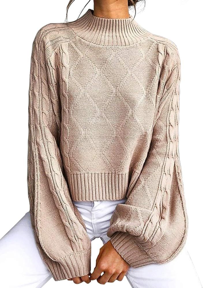 Women's Mock Turtleneck Lantern Sleeve Cable Knit Pullover Sweater Tops | Amazon (US)