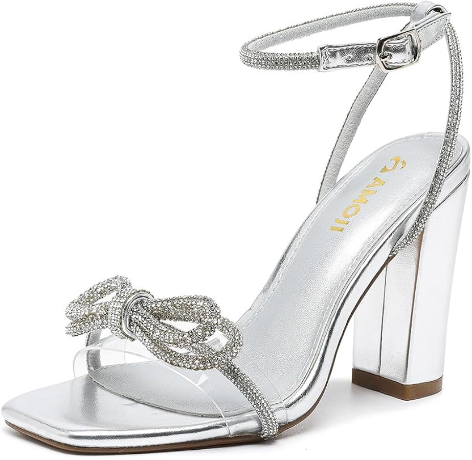 Amoji Women's 4 Inch Rhinestone Bowknots Block Heeled Crystal Sandal Ankle Strap Clear Heels 315 | Amazon (US)
