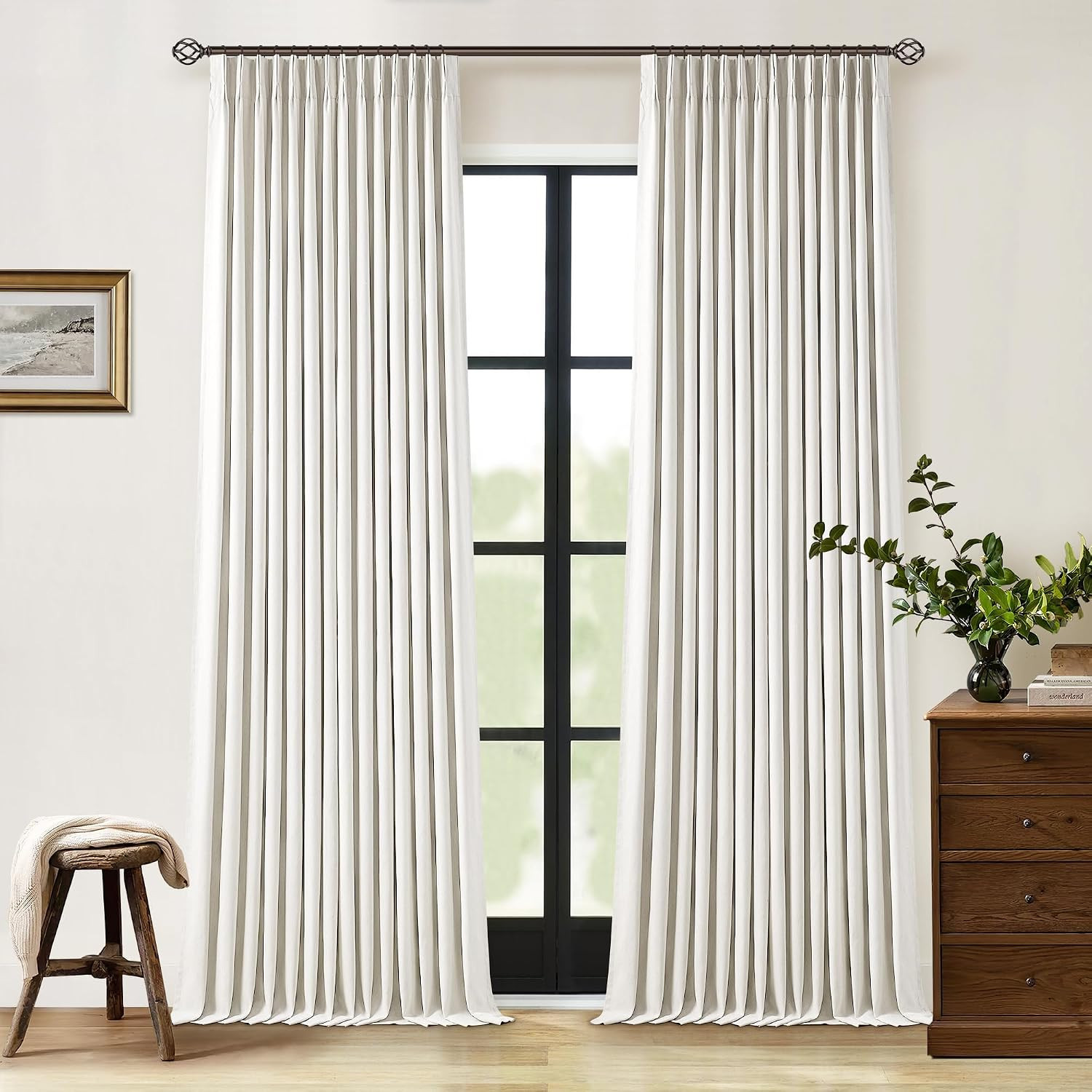 90 Inch Pinch Pleated Linen 100% Blackout Curtains 2 Panels Cream Natural | Amazon (US)