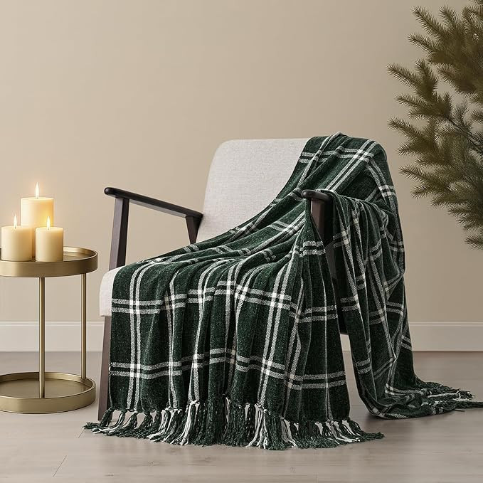 EVERGRACE Plaid Chenille Throw Blanket for Couch, Super Soft Cozy Decorative Windowpane Grid Plai... | Amazon (US)