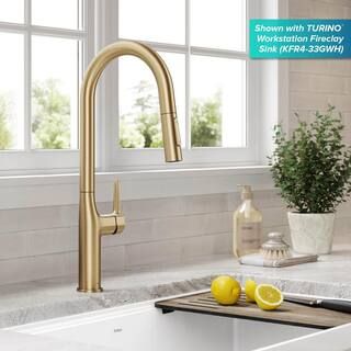 KRAUS Oletto Single Handle Pull Down Sprayer Kitchen Faucet in Brushed Gold-KPF-3101BG - The Home... | The Home Depot