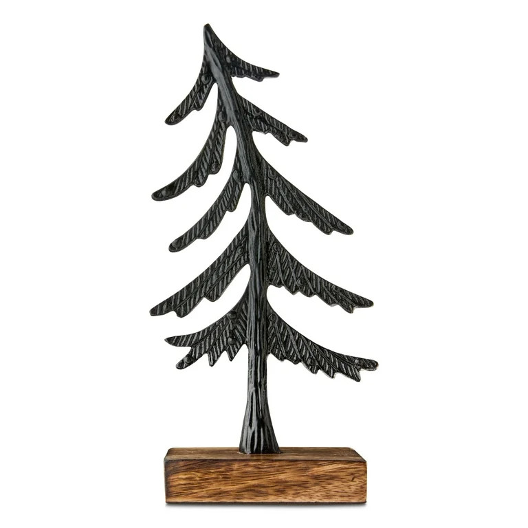 Small Metal and Wood Tilting Tree Christmas Tabletop Decoration, Black and Brown, 10.43", by Holi... | Walmart (US)
