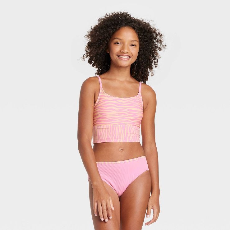 Girls' Zebra Ribbed Bottom Tankini Set - art class™ Light Pink | Target