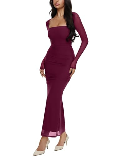 REORIA Long Sleeve Wedding Guest Maxi Dresses for Women Sheer Mesh Square Neck Ruched Bodycon Lon... | Amazon (US)