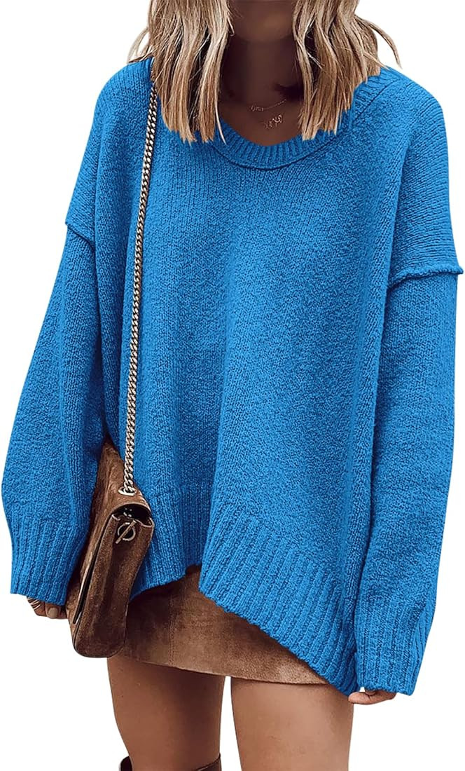 ANRABESS Women's Oversized Casual Loose Slouchy Scoop V Neck Batwing Long Sleeve Knit 2024 Fall P... | Amazon (US)