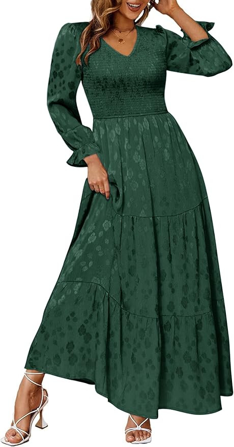 Simplee Womens Long Sleeve Smocked Maxi Dress Tiered V Neck Flowy Fall Wedding Guest Long Dresses... | Amazon (US)