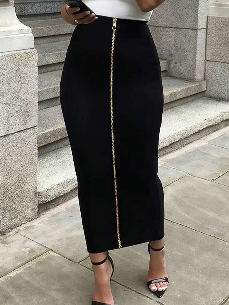Women's Black Midi Pencil Skirt, Front Zipper, High Waist Elastic, Suitable For Office, Casual, Date And Party Occasions Spring | SHEIN