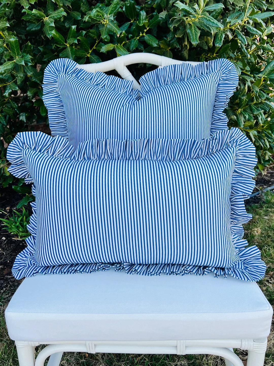 Blue and White Striped Pillow Cover With Ruffle Trim - Etsy | Etsy (US)