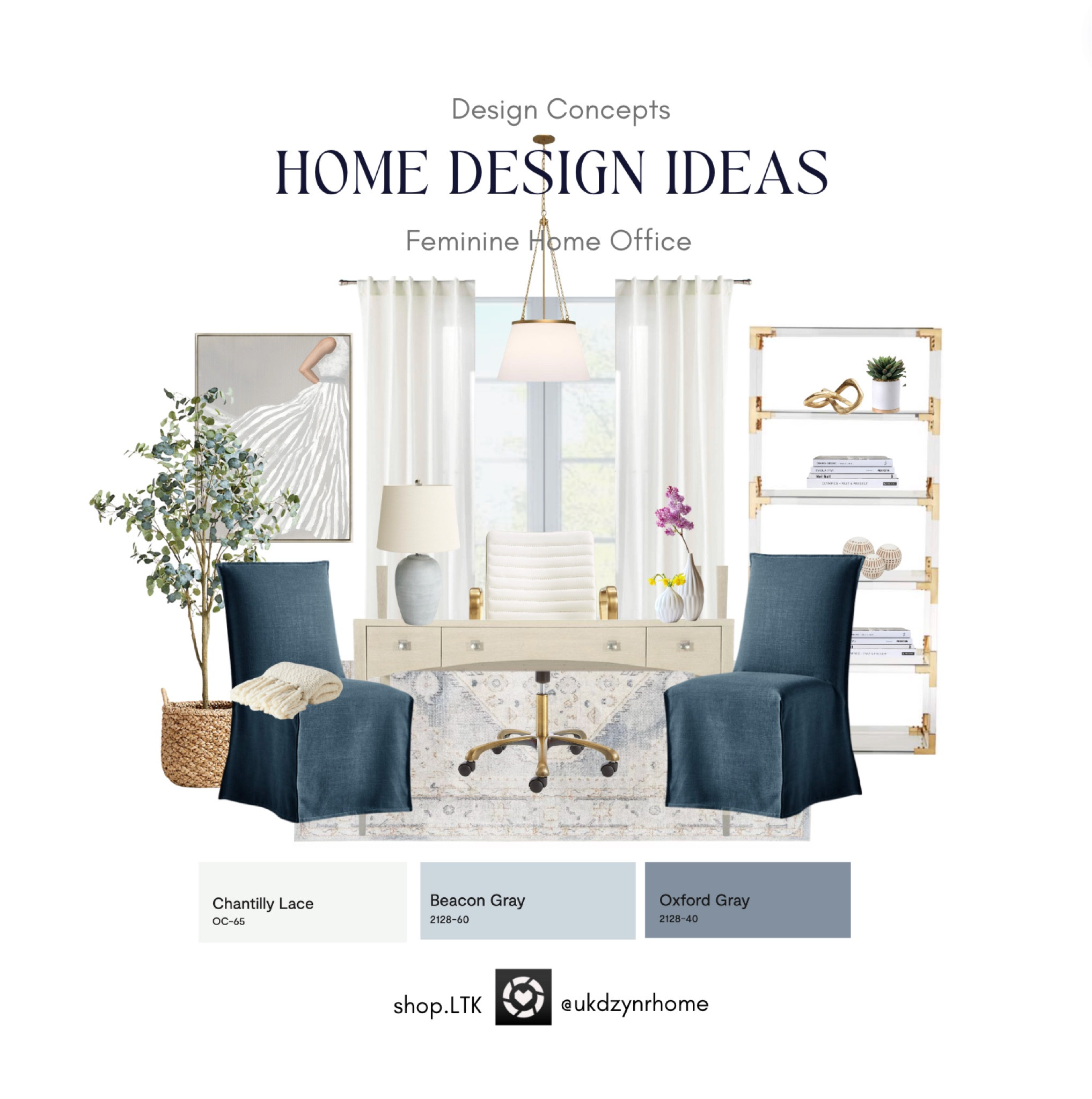Feminine Home Office in Cool Blue.  Love how just a touch of darker blue helps adds a little panache to he space | Light Wood Writing Desk | Desk Chair | Side Chairs | Dining Chairs | Wall Art | Table Lamp | Patterned Blue Area Rug | Acrylic Gold Book Case | Pendant Lights | Home Office | Table Top Decor | Bud Vases

#LTKHome #LTKStyleTip