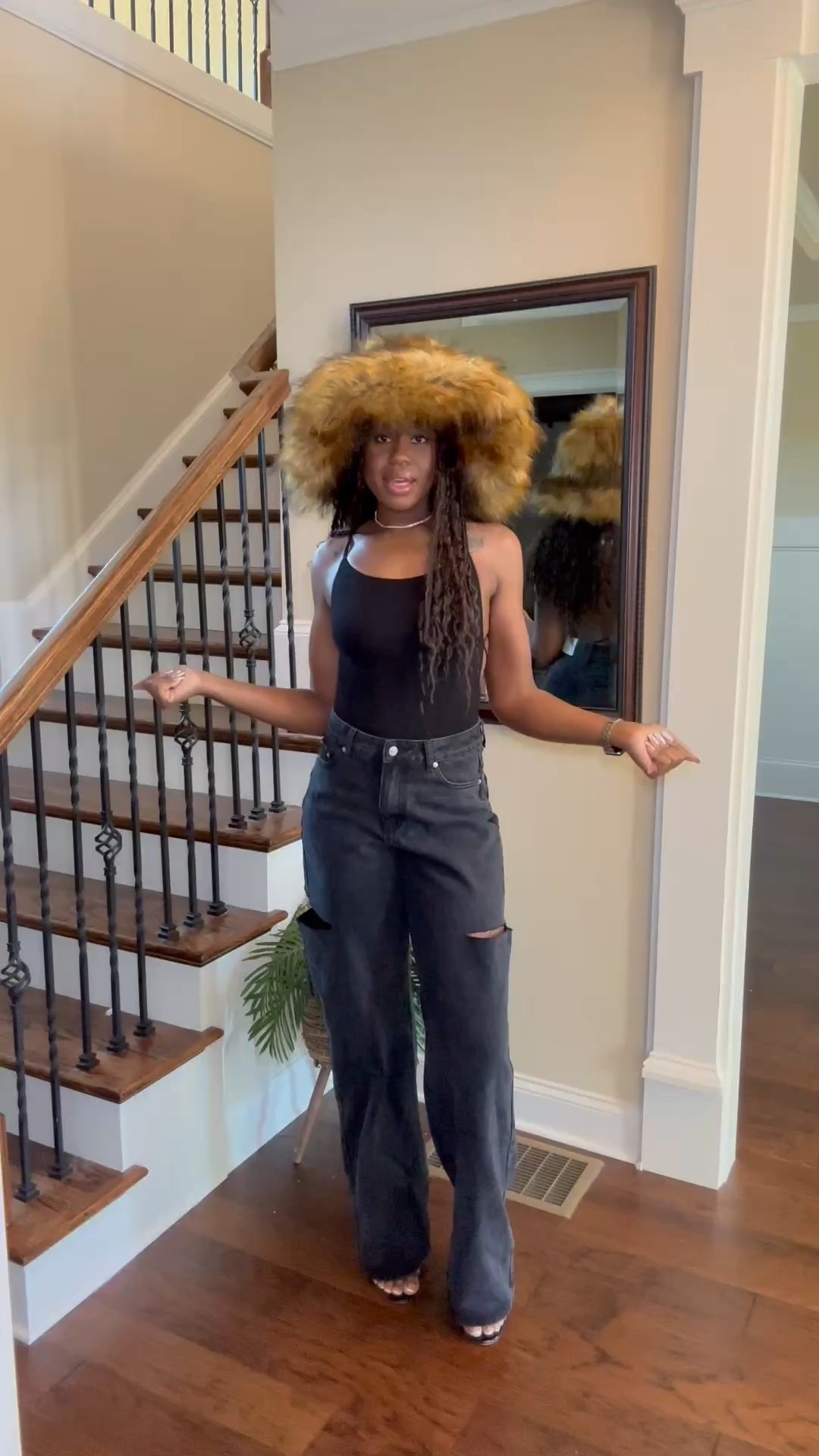 This outfit is a total slay!!! 

Shein strappy open back bodysuit
Shein wide leg ripped cut out jeans
Margiela look for less
Akira oversized fur bucket hat

#LTKStyleTip #LTKFindsUnder50 #LTKWatchNow