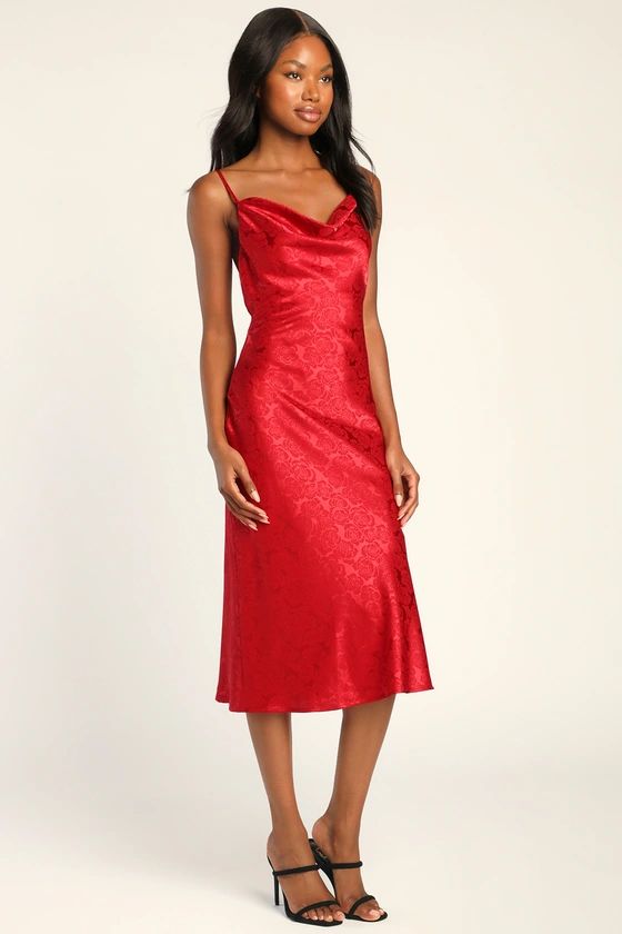 You're My Type Red Satin Jacquard Midi Slip Dress | Lulus (US)