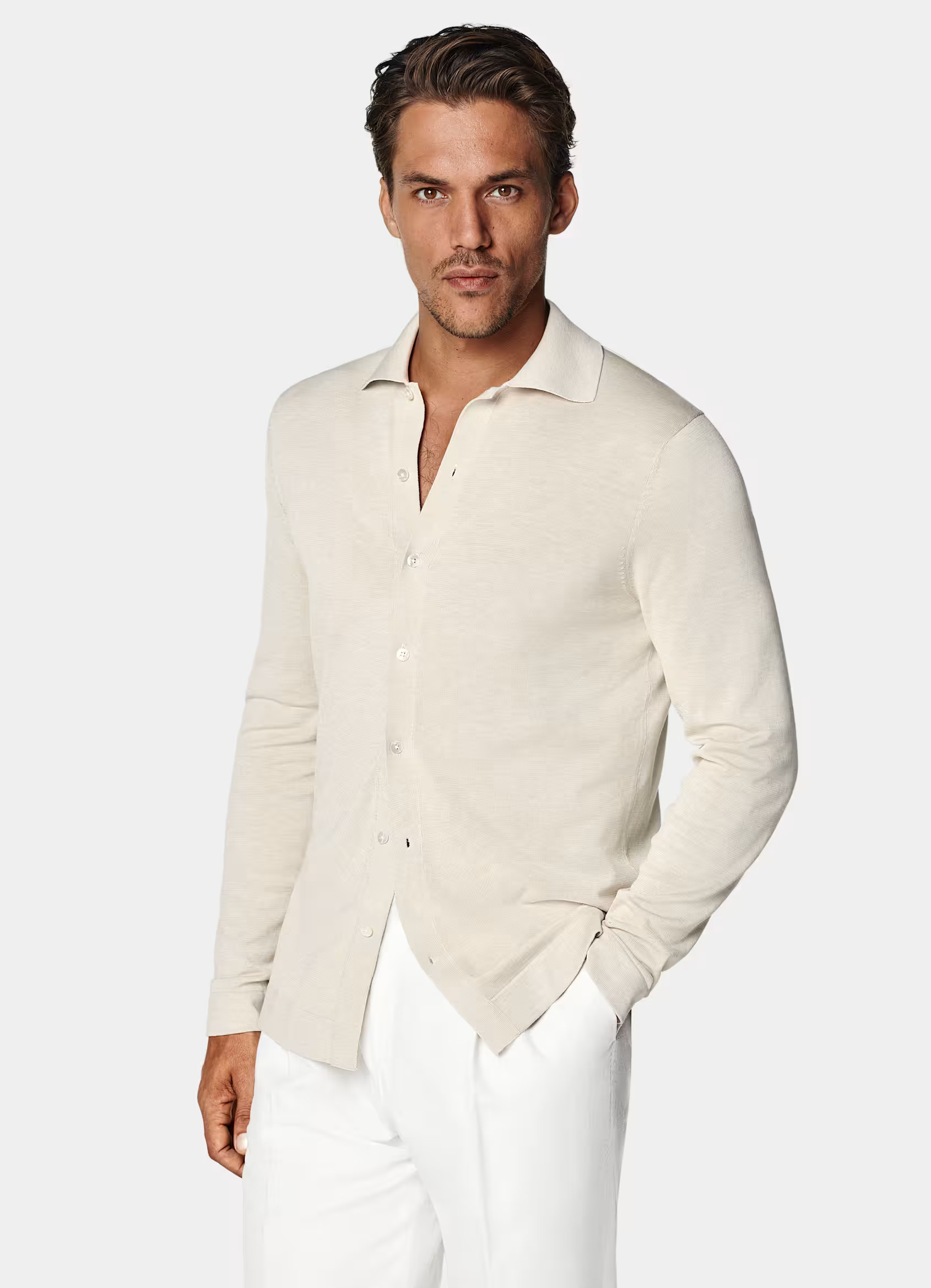 Sand Long Sleeve Polo Cardigan | Suitsupply (US)
