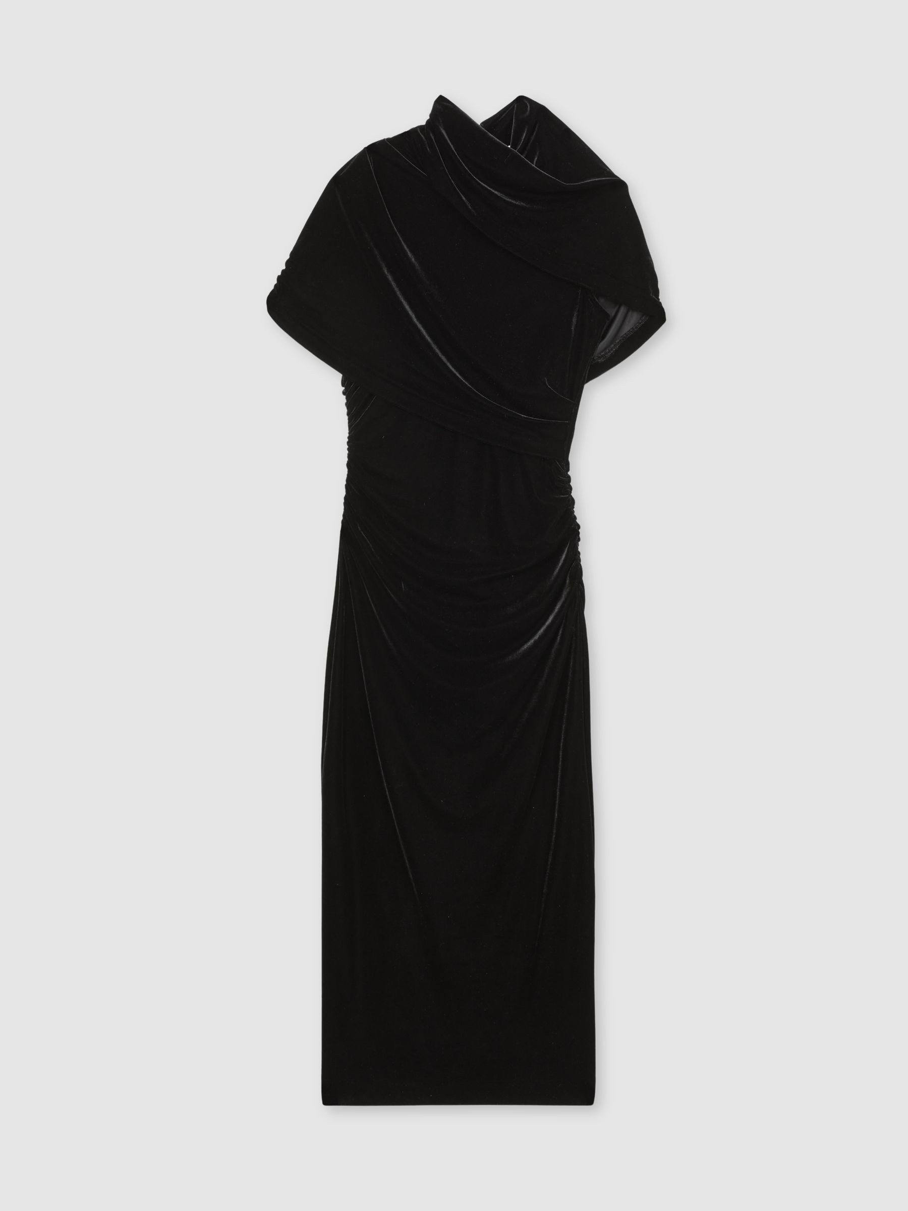 Reiss Velvet Draped-Neck Ruched Midi Dress in Black - REISS | Reiss UK