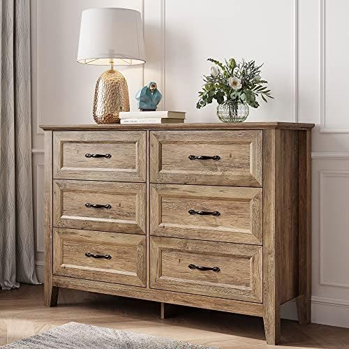 LINSY HOME Dresser for Bedroom, Long Dresser with 6 Drawers, Wood Chest of Drawers with Metal Han... | Amazon (US)