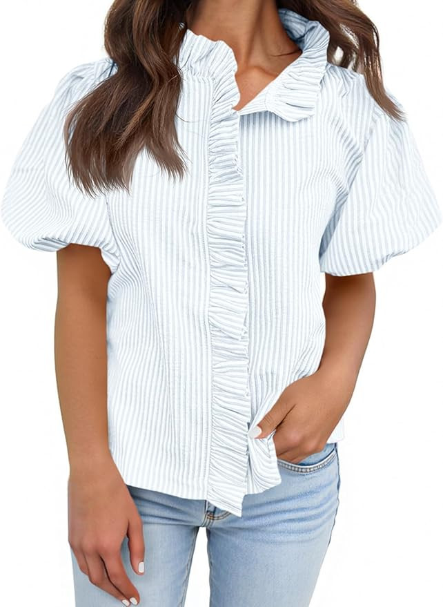 Tankaneo Womens Short Puff Sleeve Button Down Shirts Summer Ruffle Striped Work Tops Stand Collar... | Amazon (US)