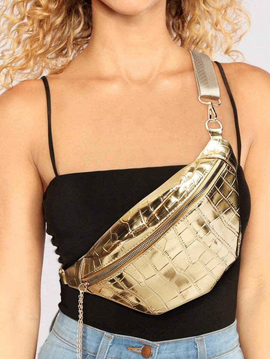 Simple Style Dumpling Shape Women's Chest Bag With Waist Bag, Gold-Color Crocodile Pattern Solid ... | SHEIN