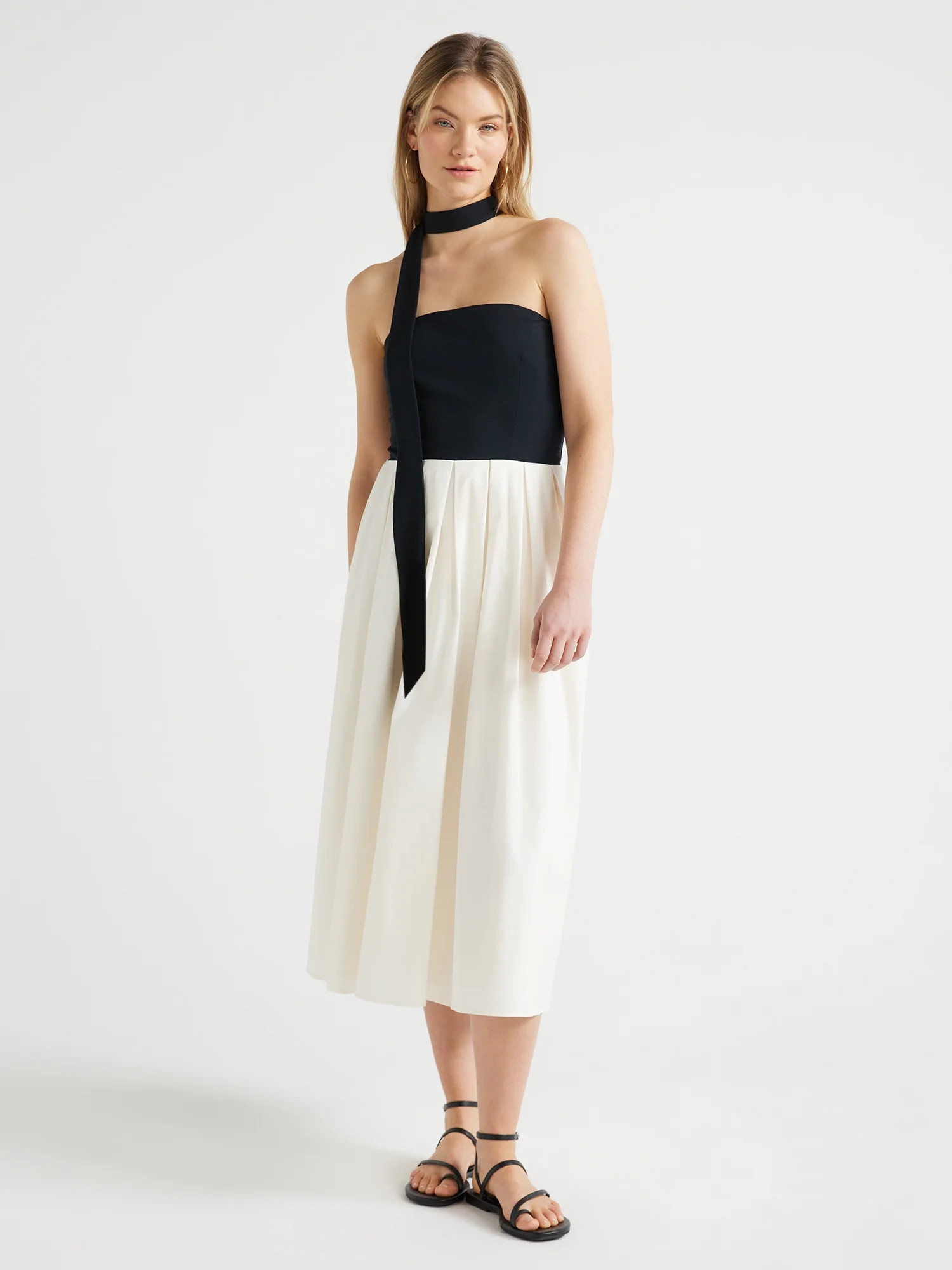 Scoop Women's Mixed Media Tie Halter Midi Dress, Sizes XS-XXL | Walmart (US)