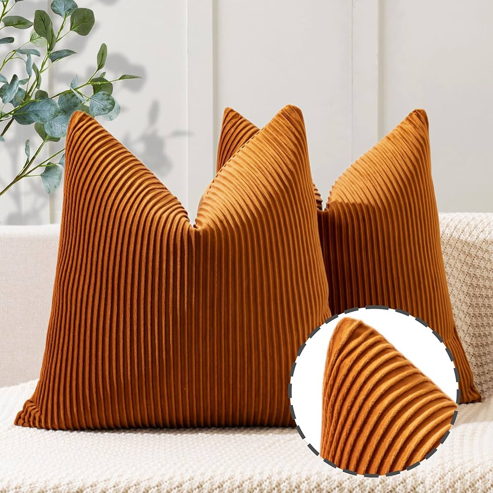 YCOLL Burnt Orange Pillow Covers 22x22 Set of 2 Velvet Striped Pattern - Soft Throw Pillows for H... | Amazon (US)