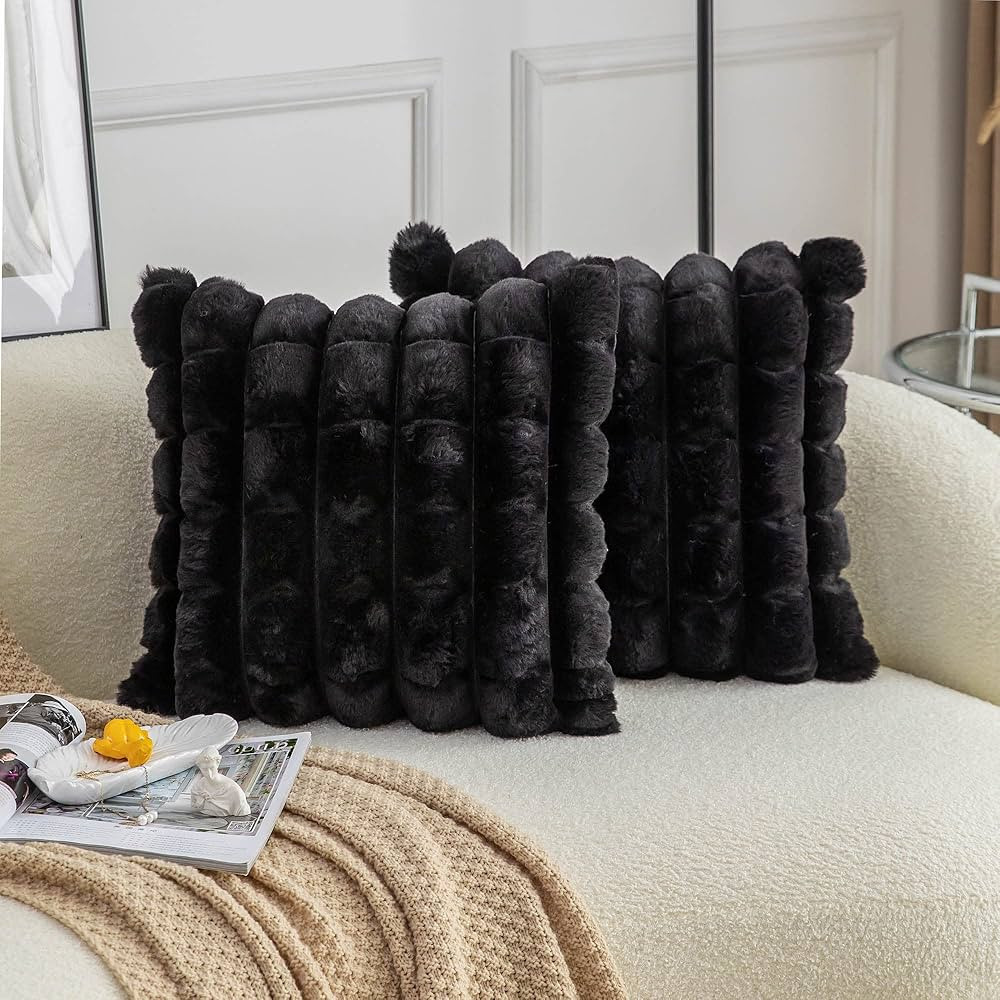Neelvin Black Faux Fur Cozy Soft Plaid Decorative Throw Pillow Covers 16x16 inch Set of 2,Velvet ... | Amazon (US)